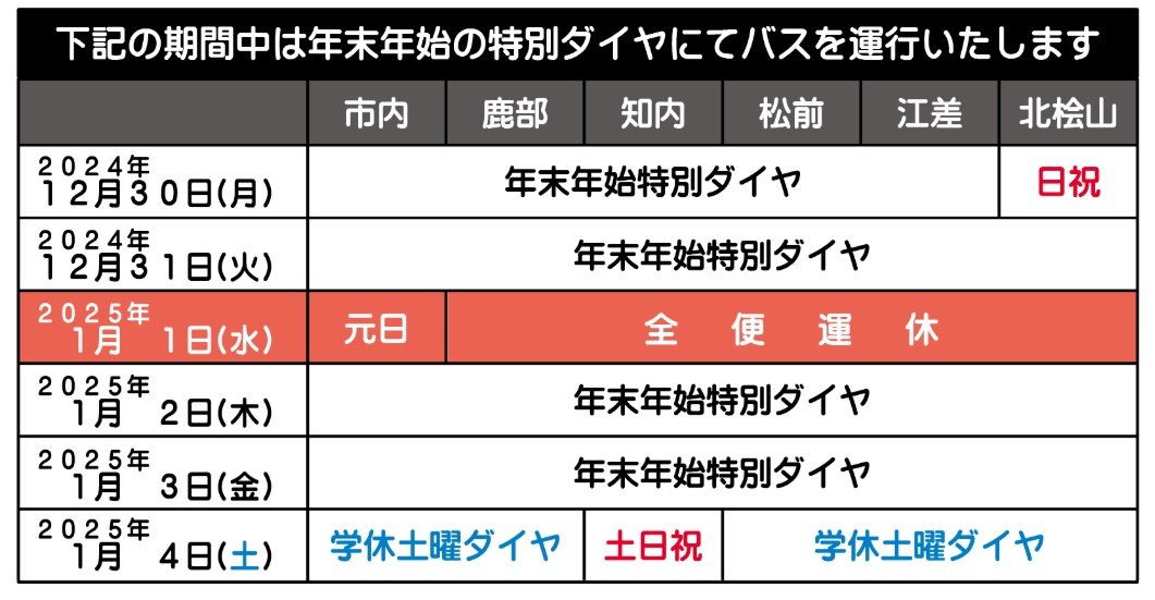 【函館バス年末年始の運行について】